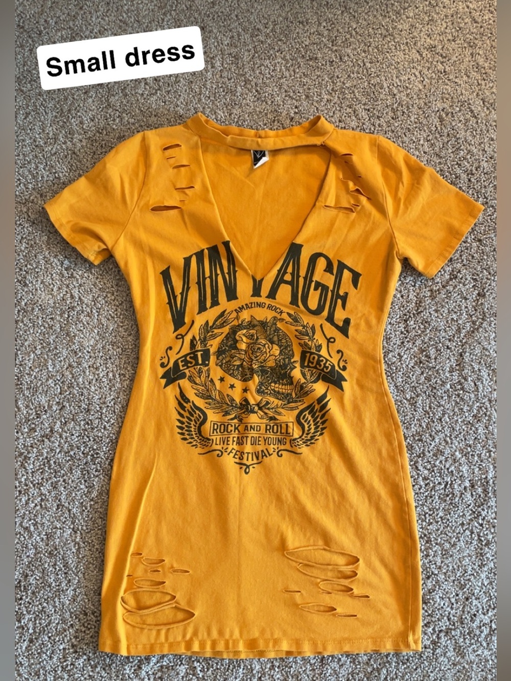 Windsor Mustard Yellow Vintage Graphic Distressed V-Neck Dress